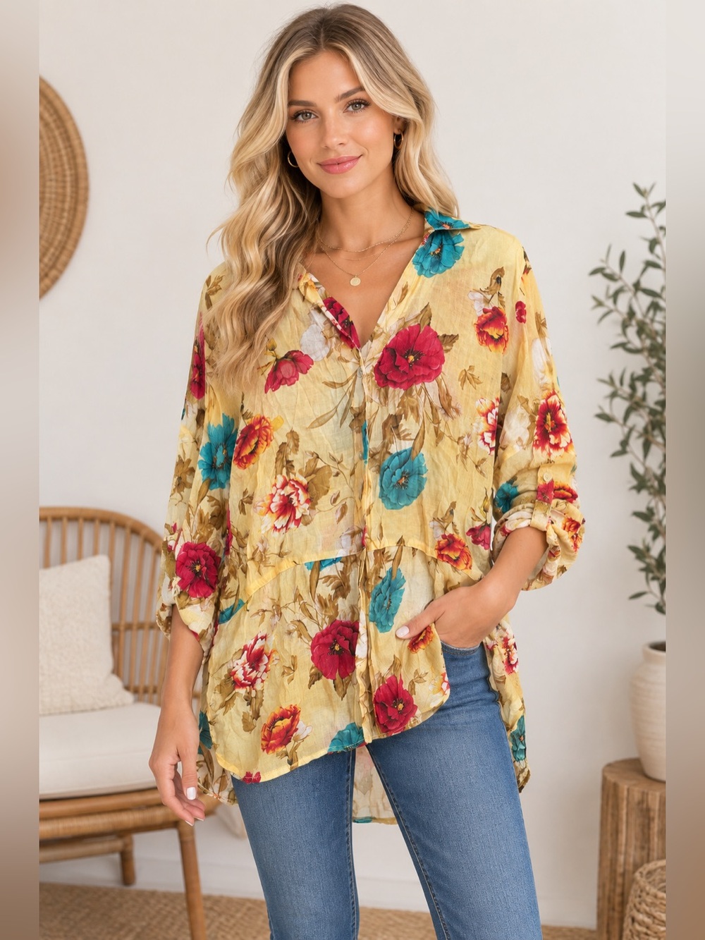 Umgee Yellow Floral V-Neck Tunic with Red & Teal Blooms